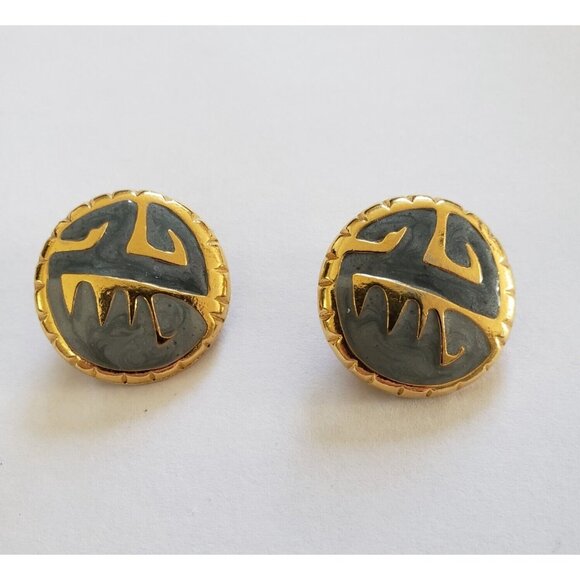 1-Pair Metal & Enamel Clip On Earrings 1 " Round Abstract Design Blue Vintage - Picture 1 of 3